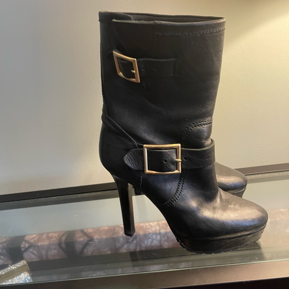 Jimmy Choo Mayo Platform Leather Boots with gold buckles